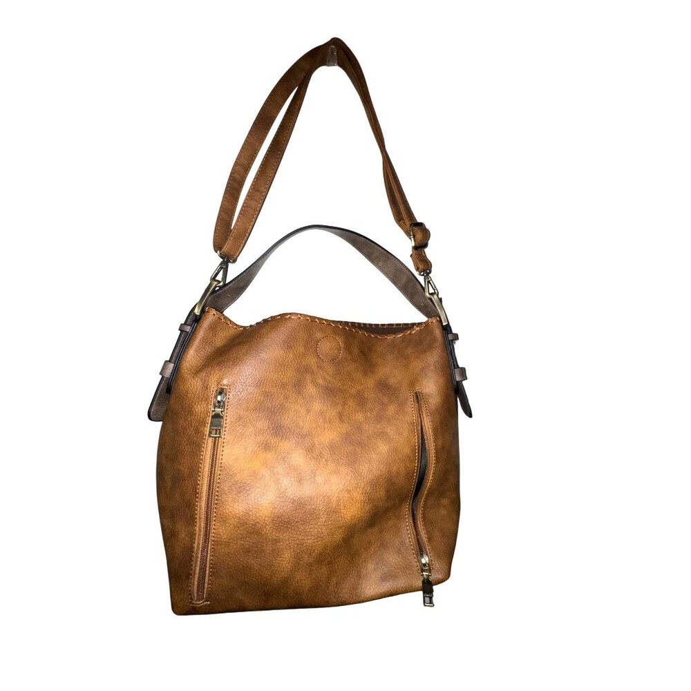 Jen & Co. Brown Faux Leather Shoulder Bag With Zipper Accents